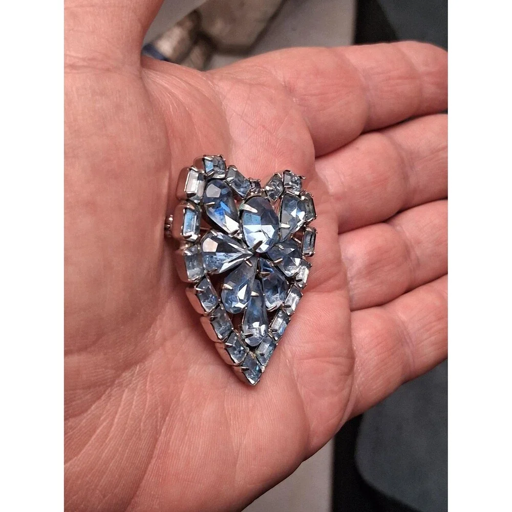 Vintage Rhinestone Heart Brooch Blue Stones